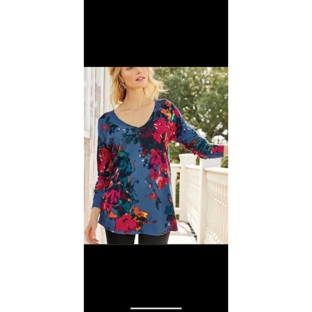 Soft Surroundings Fleur Aquarelle Floral Print V-Neck Cotton Sweater Large